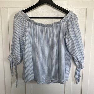 Forever 21 Linen Blend Striped CottageCore Smocked Tie Sleeve Blouse Size Small